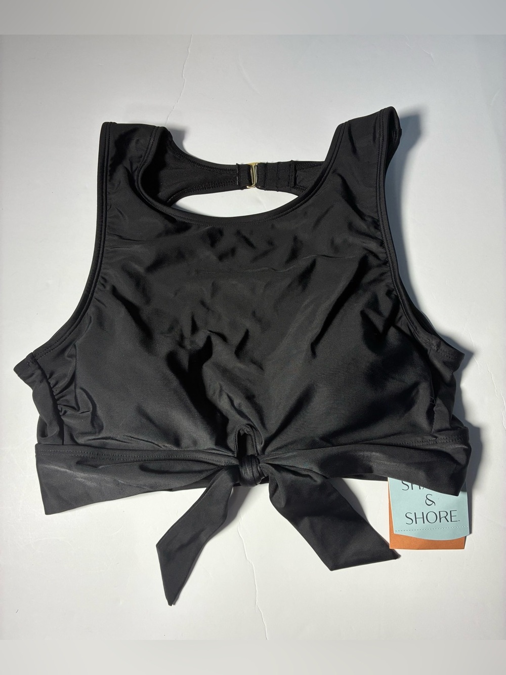 NWT Shade & Shore Black High Neck Tie Front Bikini Top Keyhole Back M